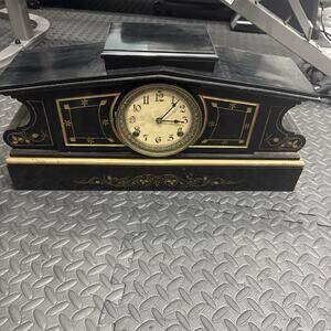 Antique Enameled Wood Mantle Clock With Gold Stenciled Floral Motif *